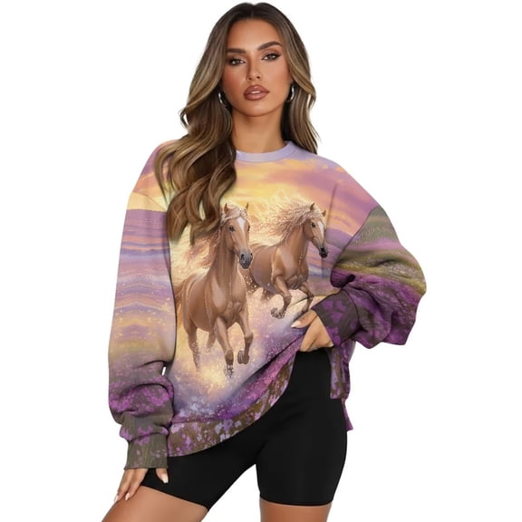 Yuyamidu Lavender Horse Casual Crew Neck Sweatshirt Soft Comfy Long Sleeve Pullover Oversized Tops with Pockets Women's Novelty Sweatshirts Hoodie Cycling Volleyball Jogging Clothes S-3XL
