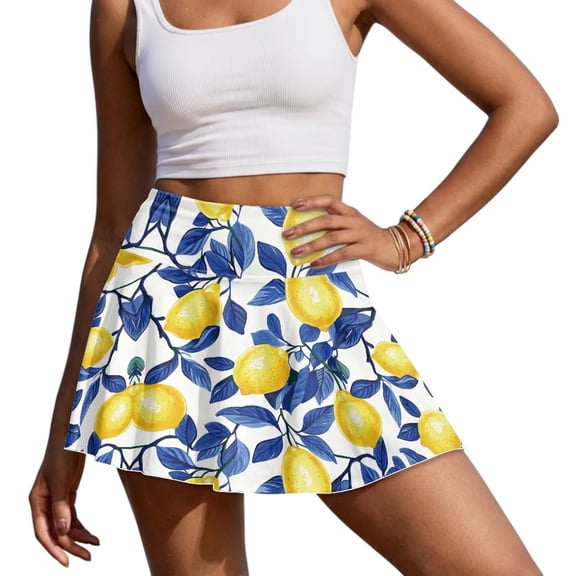 Yuyamidu Lemon Athletic Skort Casual High Waisted Tennis Skirts for Women Breathable Golf Pickleball Skirt with Shorts Pockets Size S
