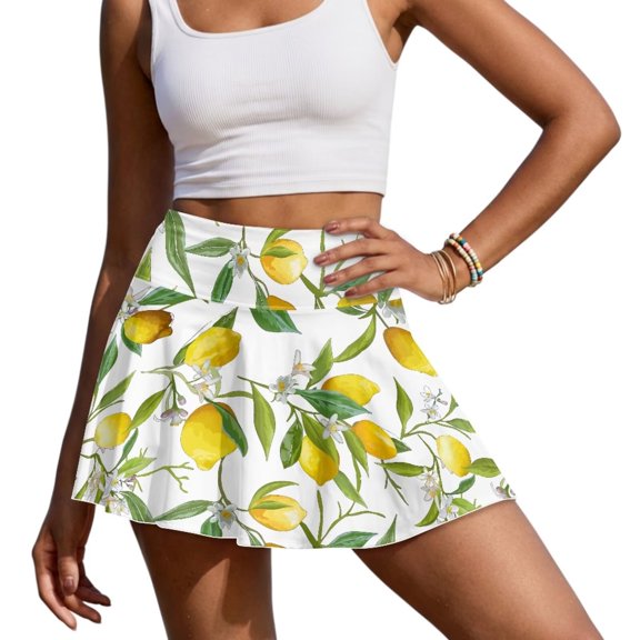 Yuyamidu Lemon Tennis Skirt for Women High Waisted Golf Athletic Activewear Skorts with Pockets Breathable Mini Skirt with Shorts Size S
