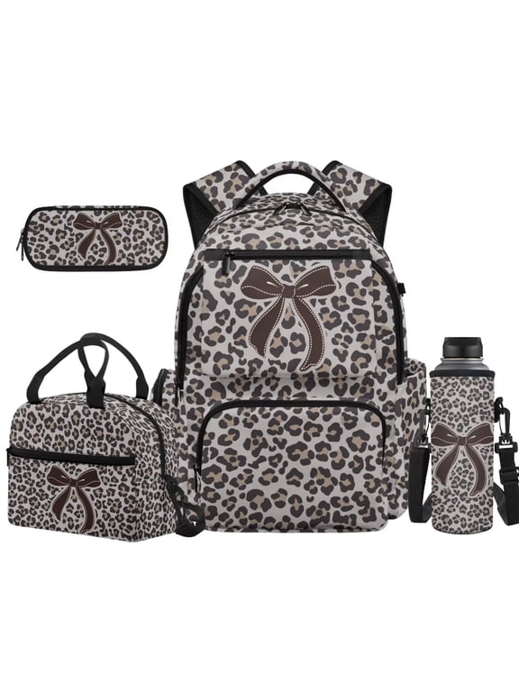 Leopard Bow Print 4Pcs School Backpack Set, 17 Inch Large Capacity Bookbag with Lunch Box Pencil Case Water Bottle Sleeve for Girls Teens Back to School Daily Use