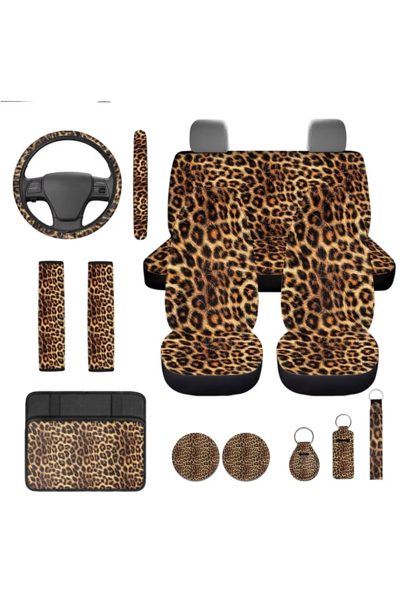 Leopard Print Automobile Seat Cover Sets 13 PCS Steering Wheel Cover Seat Belt Covers Armrest Pad Keychain Cup Coasters Car Accessories, Brown