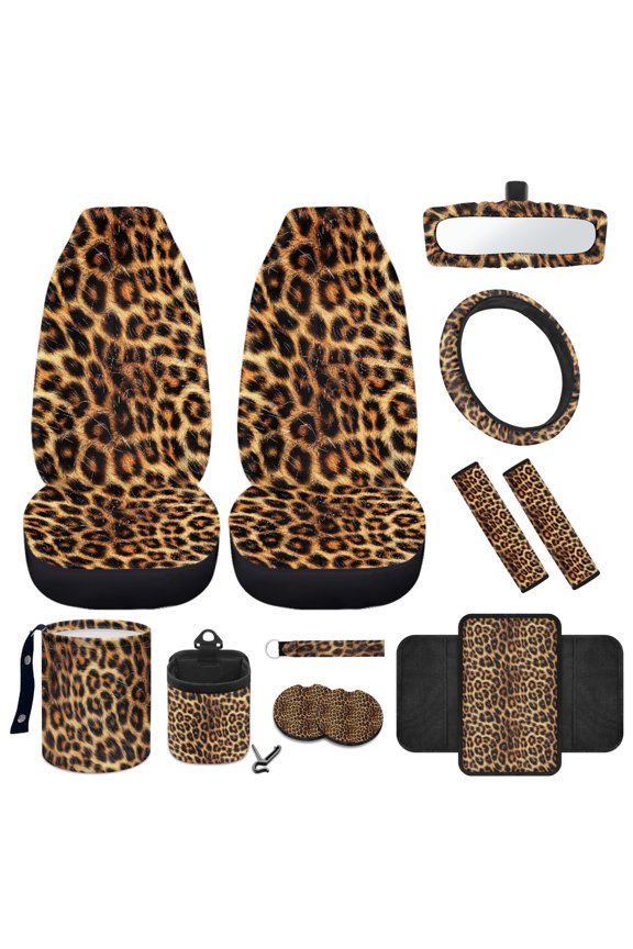 Leopard Print Front Car Seat Cover Set of 12 Fashion Steering Wheel Cover Seat Belt Cover Armrest Cover Garbage Can Air Vent Pouch Rearview Mirror Cover Coasters Keychain Fit SUV Sedan Van