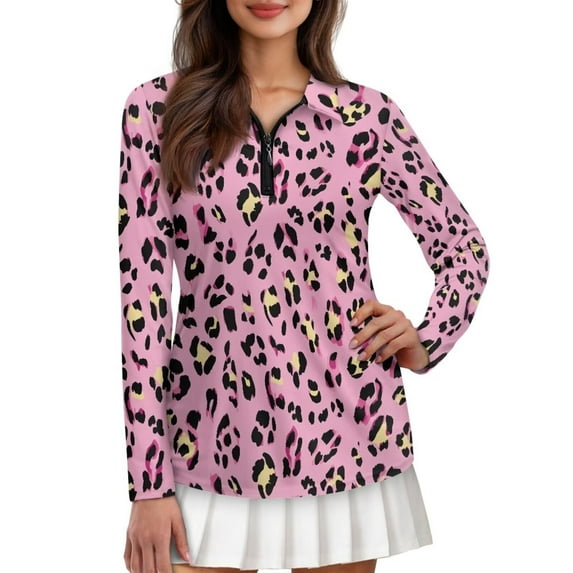 Yuyamidu Leopard Print Golf Shirts for Women Pink Long Sleeve Quarter Zip V-Neck Golf Tennis Shirt Lightweight Athletic Shirt Size 2XL
