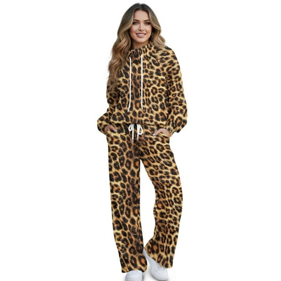 Yuyamidu Leopard Print Women's Tracksuits Matching Sweatsuit Loungewear Lounge Sets 2 Piece Outfits Spring Fall Winter Drawstring Pullover Sweatshirt Wide Leg Sweatpants Tops Bottoms Set L