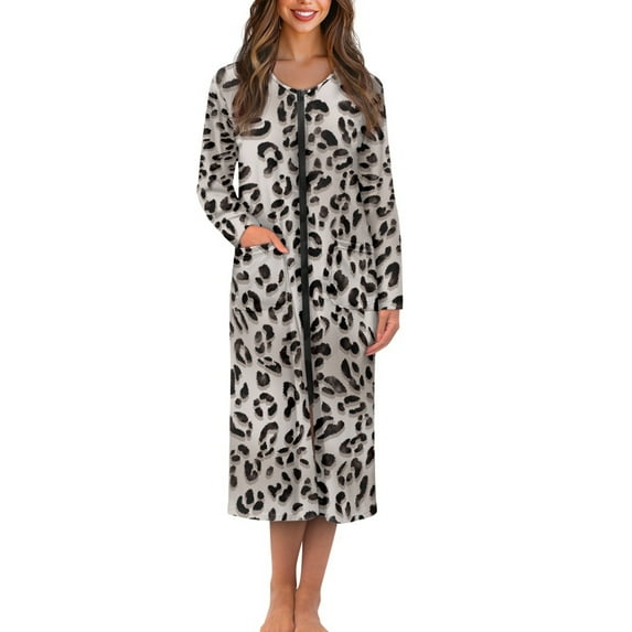 Yuyamidu Leopard Print Zipper Robes for Women with Pockets Cozy Long Sleeve Nightgowns Loose Mid-Calf Length Bathrobes Trendy Zipper Front Housecoat Size L
