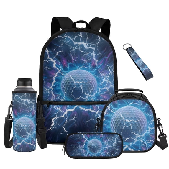 Yuyamidu Lightning Golf Ball Kids Backpack with Lunch Box, Water Bottle Sleeve, Pencil Case & Keychain, 17 inch Lightweight Sturdy Bookbag Set for Boys Ages 8-12, Elementary 3rd-6th Grade