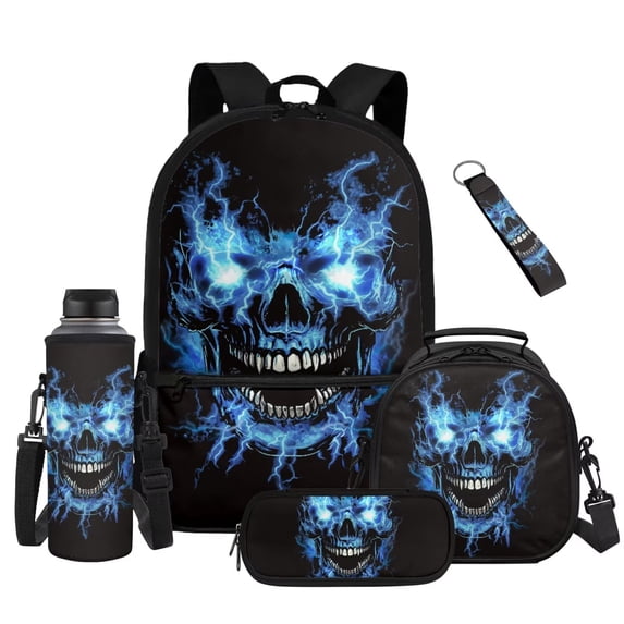 Yuyamidu Lightning Skull Backpack for Boys 8-12, 3rd-6th Grade, 17 Inch Kids School Backpack with Lunch Box, Pencil Case, Water Bottle Pouch & Keychain Set of 5, Back to School