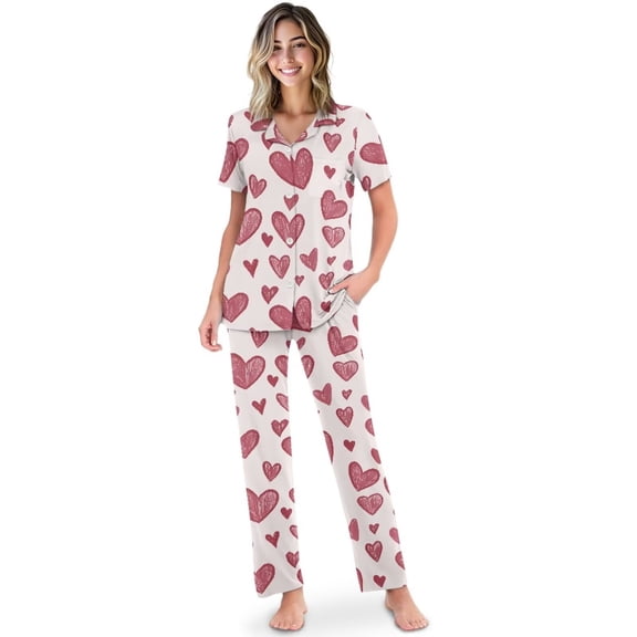 Yuyamidu Love Heart Print Women's Pajamas Sets Short Sleeve Lounge Sets Sleepwear Button Down Shirt with Long Pants Pj Sets with Chest Pocket