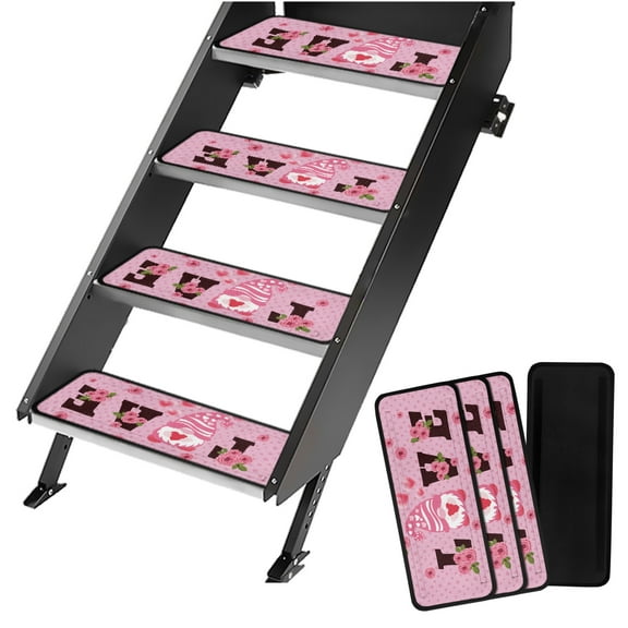 Yuyamidu Love RV Step Covers 4 Pack Camper Step Covers Pink Rose RV Outdoor Stair Mats Non-Slip RV Step Carpet Rug for Mobile Home, Camper Valentine's Day Decor