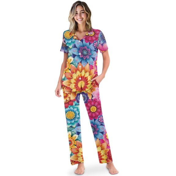 Yuyamidu Mandala Flower Women's Lightweight Pajama Set 2-Piece Short Sleeve Sleepwear Summer Loungewear Notch Collar PJS Set with Chest Pocket