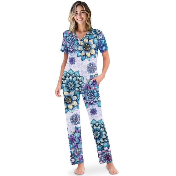 Yuyamidu Mandala Flower Women's Pajama Set Notch Collar Short Sleeve V-Neck Top & Casual Long Pants Lightweight Sleepwear with Pockets 2-Piece