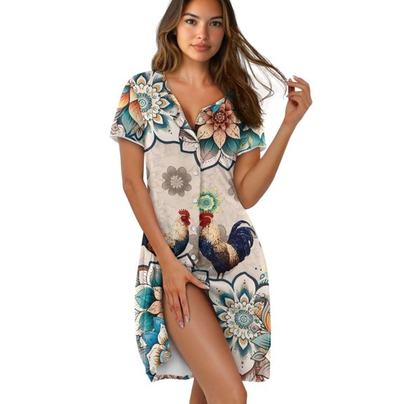 Yuyamidu Mandala Rooster Button Down Nightgowns for Women Cozy Short Sleeve Round Neck Nightshirt Soft Sleep Dress