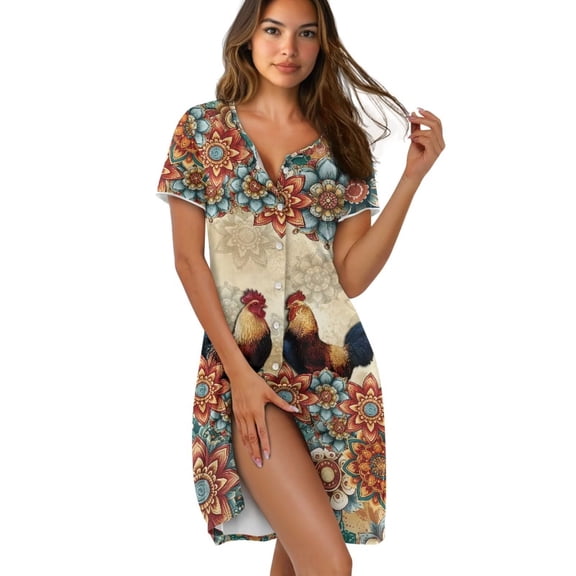 Yuyamidu Mandala Rooster Nightgowns for Women Button Down Crew Neck Nightshirts Knee Length Housecoat for Summer