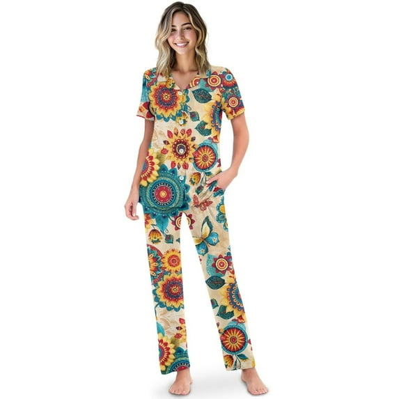Yuyamidu Mandala Summer Pjs for Women Set Bohemia Style Short Sleeve Notch Collar Sleepwear Button Down Pjs Set with Long Pants
