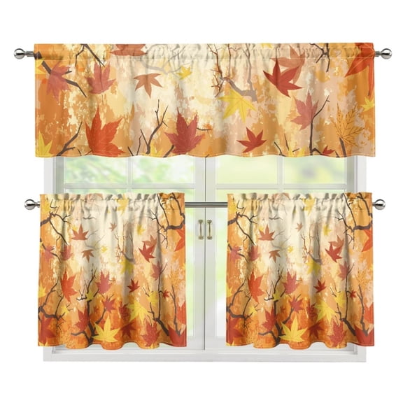 Yuyamidu Maple Kitchen Window Curtains Valance and Tier 3 Panel Set Fall Short Tier Curtains with Rod Pocket Easy to Install Window Treatment Tiers for Living Room Bathroom
