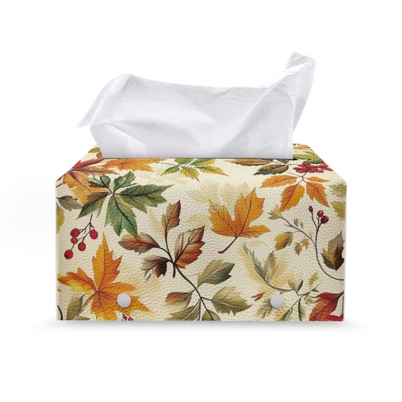Yuyamidu Maple Leaf PU Leather Tissue Box Cover for Living Room Portable Square Tissue Box Holder with Bottom Belt Anti-Stains Toilet Paper Holder Fall Decor