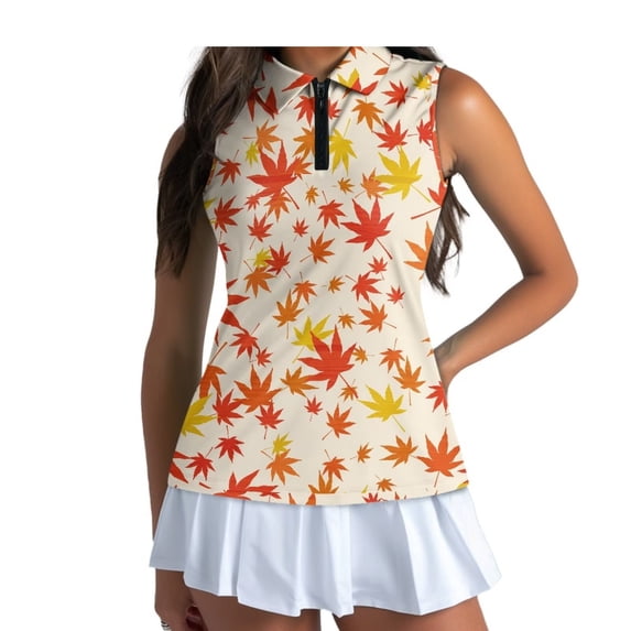 Yuyamidu Maple Leaf Print Women's Sleeveless Golf Shirts Slim Fit, Breathable Quick-dry Fabric, Quarter Zip Collar, for Golf Tennis Outdoor Casual Wear