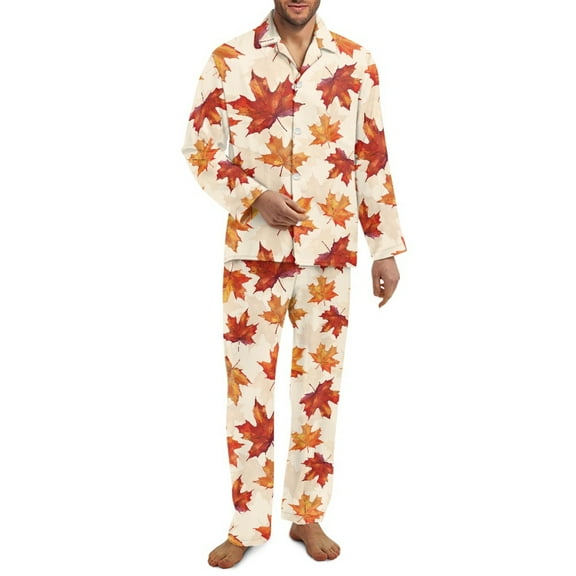 Yuyamidu Maple Leaves Button Pajama Set of 2 Men's Long Sleeve Night Shirt & Long Pants with Pockets Size 4XL Thanksgiving Loungewear Pj V Neck Sleepwear for Spring Fall Winter
