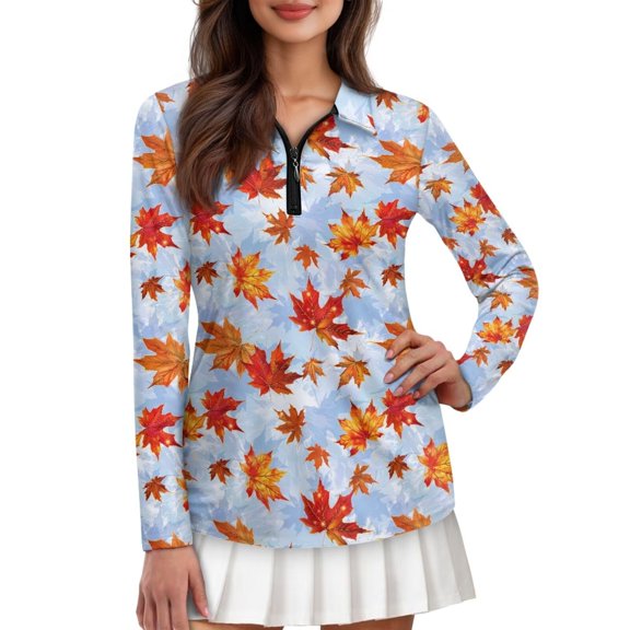 Yuyamidu Maple Leaves Long Sleeve Golf Shirt for Women Tennis Tops Thanksgiving Running Shirt Fall Sports Athletic T-Shirt Blue Shirts Plus Size XS