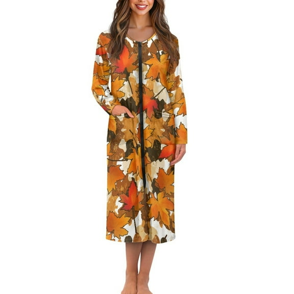 Yuyamidu Maple Leaves Long Sleeve Robes for Women with Front Zipper Bathrobe Fall Housecoat Thanksgiving Crewneck Nightgown Ladies Sleep Dresses Casual Mid Calf Length Robe Loungewear Size S