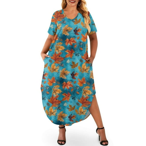 Yuyamidu Maple Leaves V Neck Dress for Summer Fall Casual Loose Short Sleeve Long T-Shirt Dress Split Maxi Dress Thanksgiving Daily Wear Clothes for Women Plus Size 2XL, Blue