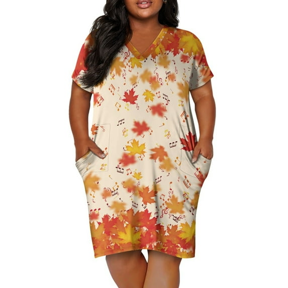 Yuyamidu Maple Leaves Women Short Sleeve Dresses Casual Dress Beach Dance Dresses for Women Music Note Midi Dresses Size 2XL Oversized Summer Fall Dress