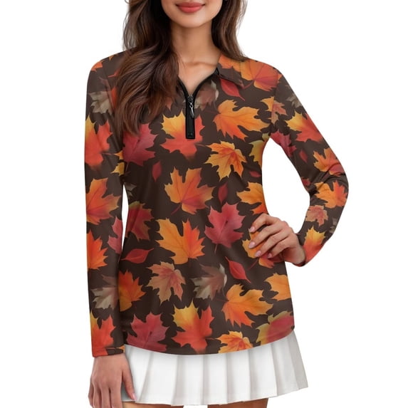 Yuyamidu Maple Leaves Women's Golf Shirt Fall Long Sleeve 1/4 Zip Athletic Tennis Shirts Stylish Christmas Workout Shirts for Women Size XS