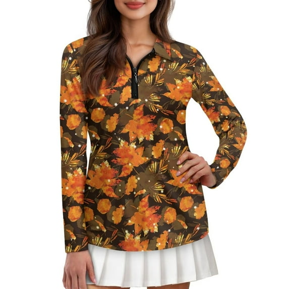 Yuyamidu Maple Leaves Women's Long Sleeve Golf Tennis Shirts Fall Thanksgiving V-Neck 1/4 Zip Athletic Sweatshirt Size L Lightweight Golf Activewear for Workout Tennis