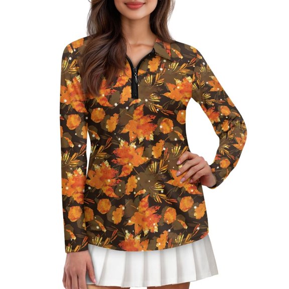 Yuyamidu Maple Leaves Women's Long Sleeve Golf Tennis Shirts Fall Thanksgiving V-Neck 1/4 Zip Athletic Sweatshirt Size M Lightweight Golf Activewear for Workout Tennis