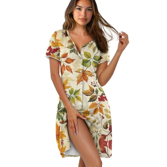 Yuyamidu Maple Leaves Women's Nightgowns Button Down Sleepshirts Crew Neck Short Sleeve Nightshirt Soft Sleep Dress Housecoat