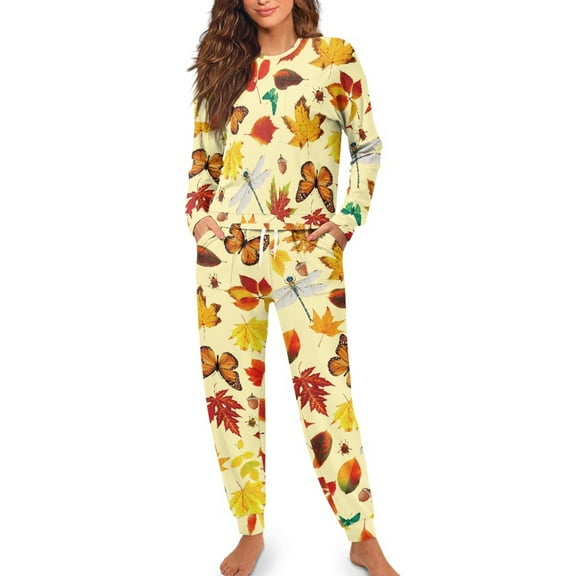Yuyamidu Maple Leaves Women's Pajama Sets Long Sleeve Nightwear Butterfly Daily Wear Shirts Pants with Pockets Jogger Set 2 Piece Fall Winter Crewneck Sleep Wear Size M, Thanksgiving