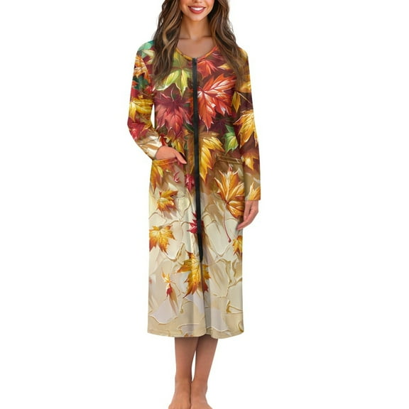 Yuyamidu Maple Leaves Zipper Front Bathrobe for Women Fall Spa Robes Thanksgiving Long Sleeve Gowns Sleepwear Size 4XL Womens Pj Loungewear Casual Crewneck House Coats