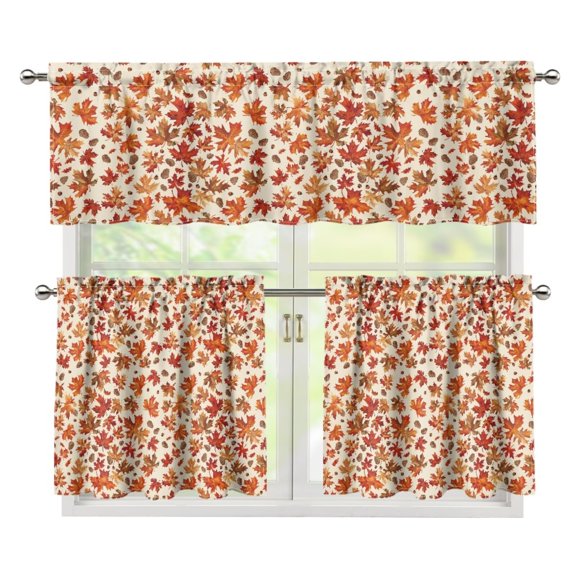 Yuyamidu Maple Print Kitchen Curtain Valance and Tiers 3 Panel Set Light Filtering Bathroom Window Curtain with Rod Pocket Thicken Window Treatment Tiers Home Decor