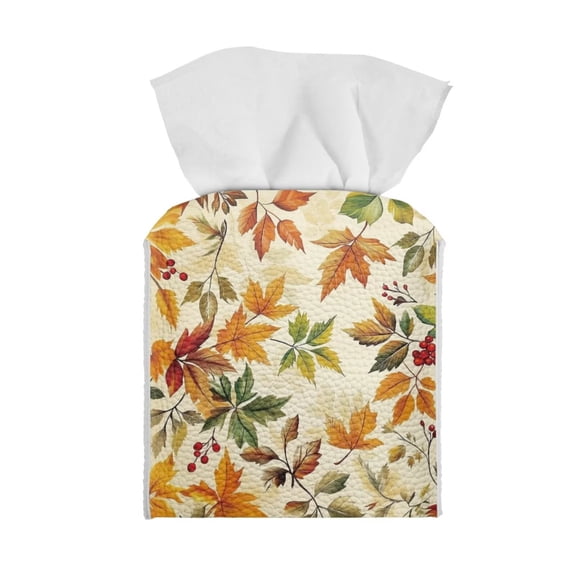 Yuyamidu Maple Print Square Tissue Box Cover for Living Room Easy to Clean Tissue Box Holder with Bottom Belt PU Leather Facial Paper Organizer Dispenser Fall Home Decor Gift for Holiday