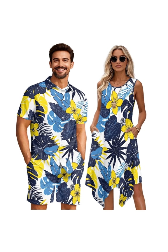 Matching Couple Outfits Womens Dresses Men's Hawaiian Shirt and Shorts Two Piece Outfits Sets Tank Midi Dress with Pockets Beach Vacation Suit Couples Clothes Leaf Floral Woman S