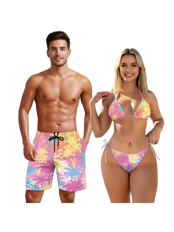 Matching Couple Swimsuits Men's Bathing Suit for Women Bikini Set Triangle Bikini Tops Mens Swim Trunks Side Tie Back Swimwear Couple Bathing Suits Matching Palm Tree Man 3XL