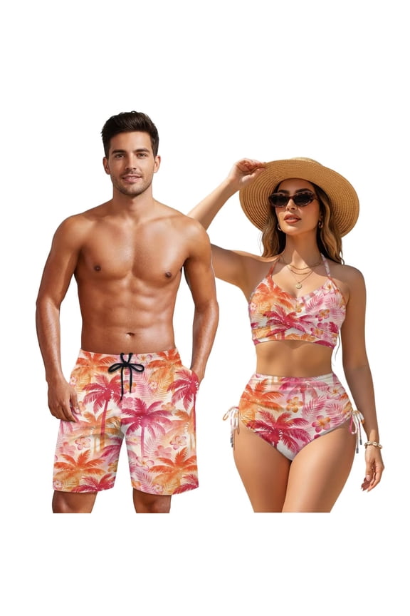 Matching Couple Swimsuits Triangle Bikini for Women Full Coverage Mens Bathing Suit Quick Dry Swim Trunks with Pockets Couples Bathing Suits Matching Woman M