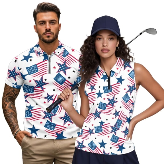 Yuyamidu Matching Couples Outfit American Flag Star Golf Shirt for Men Women Golf Lovers Trendy Sleeveless Golf Tank Tops Athletic Golf Wear Breathable Zip Up Tennis Shirts, 4th of July