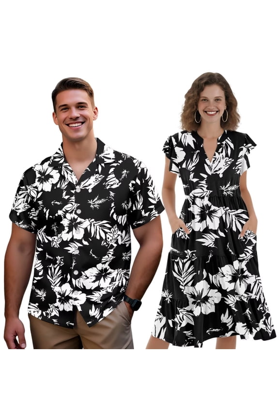 Matching Hawaiian Outfits for Couples Aloha Shirt Men Womens Hawaiian Floral Dress Hawaiian Floral His and Hers Matching Outfits Vacation Tiered Midi Dresses, Size 4XL