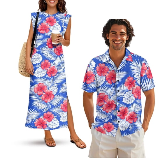 Yuyamidu Matching Hawaiian Outfits for Couples Floral Summer Dresses for Women 2026 Hawaiian Shirt for Men Button Up Shirt Plus Size Maxi Dress with Pockets Couple Outfits Matching Sets Men's S