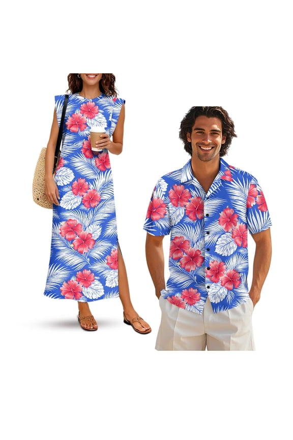 Matching Hawaiian Outfits for Couples Floral Summer Dresses for Women 2026 Hawaiian Shirt for Men Button Up Shirt Plus Size Maxi Dress with Pockets Couple Outfits Matching Sets Men's S