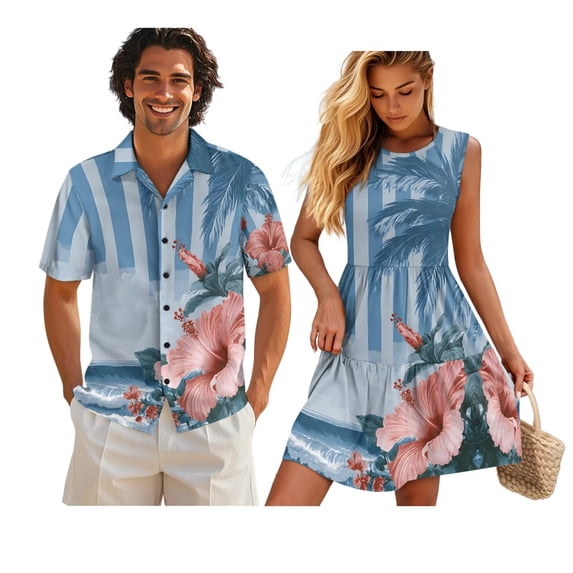 Yuyamidu Matching Hawaiian Outfits for Couples Hibiscus Dress Women Beach Dress Mens Button Down Short Sleeve Shirt Tank Tiered Dress Matching Cruise Outfits for Couples Palm Tree Striped