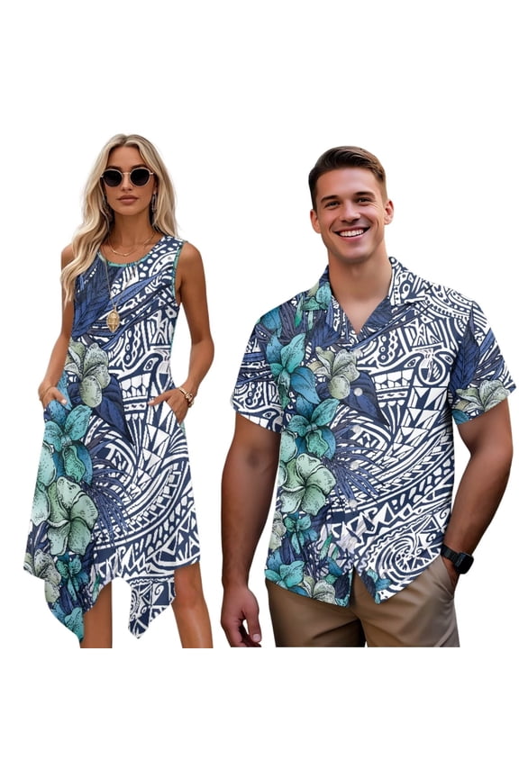 Matching Hawaiian Outfits for Couples Mens Shirts Hibiscus Dress Asymmetrical Dress for Women Sleeveless Dresses Couples Matching Outfits Mens Beach Shirt Button Down Shirts, Size 2XS