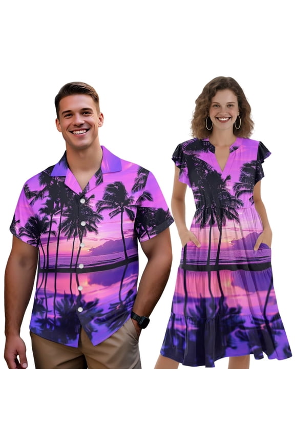 Matching Hawaiian Outfits for Couples Palm Tree Dress for Women Mens Hawaiian Shirt Womens Beach Dress Matching Vacation Outfits for Couples Ruffle Sleeve V Neck Flowy Sun Dress, Size 2XS