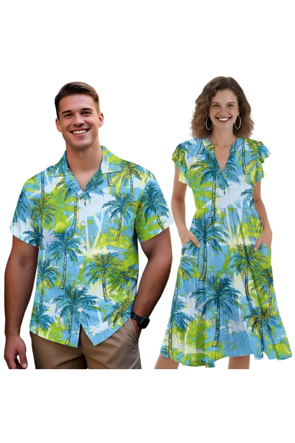 Matching Island Outfits for Couples Palm Tree Design Mens Tropical Shirts Short Sleeve Womens Palm Tree Flowy Dress Palm Tree Couple Outfits Vacation Smocked, Size XL
