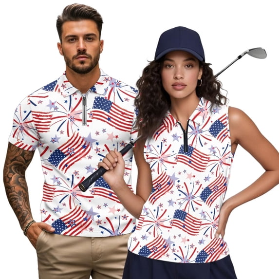 Yuyamidu Matching Outfits for Couples Golf Tennic Shirts for Men Women Sleeveless Shirts Star USA Flag 1/4 Zip Collared Athletic Shirts Slim Fit Shirt Workout Tank Tops, Women's XL