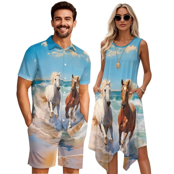 Yuyamidu His and Hers Matching Outfits Horse Shirt Women's Casual Dresses Mens Short Sets 2 Piece Outfits Tank Flowy Hawaiian Dress Mens Hawaiian Shirt and Short Set Man XL