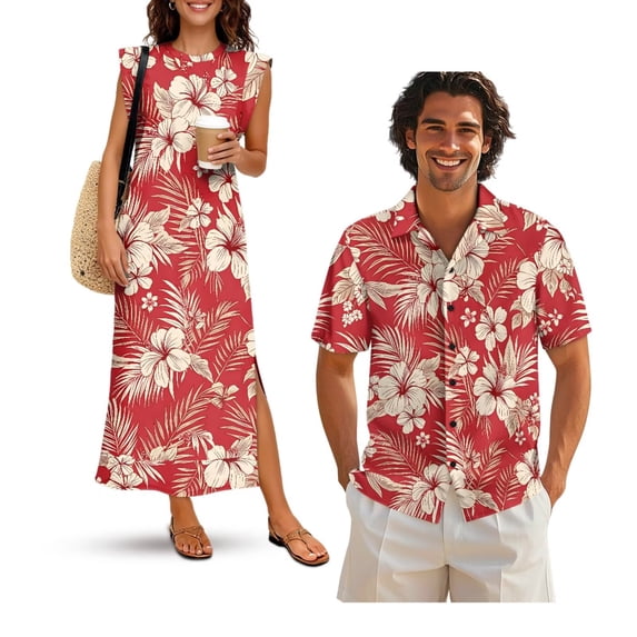 Yuyamidu His and Hers Matching Outfits Mens Floral Button Down Shirt Womens Hawaiian Dresses Round Neck Split Long Maxi Dress Button Up Shirt Matching Tropical Outfits for Couples Men's S