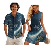 Yuyamidu His and Hers Matching Outfits Palm Tree Dress for Women Sleeveless A Line Tiered Dress Mens Button Down Short Sleeve Shirt Hawaiian Dresses Matching Vacation Outfits for Couples