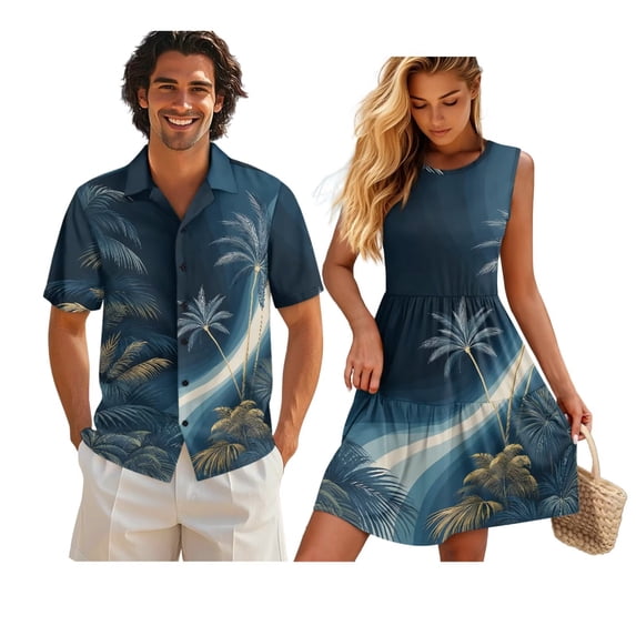Yuyamidu His and Hers Matching Outfits Palm Tree Dress for Women Sleeveless A Line Tiered Dress Mens Button Down Short Sleeve Shirt Hawaiian Dresses Matching Vacation Outfits for Couples , S